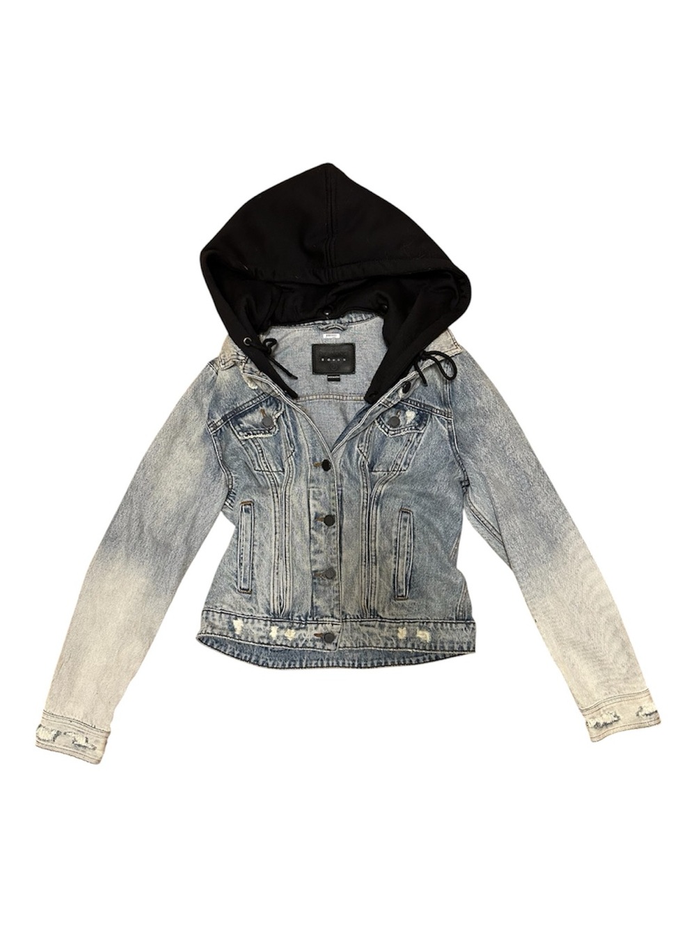 Blank NYC Two-Tone Light Blue Denim Jacket with Black Hood
